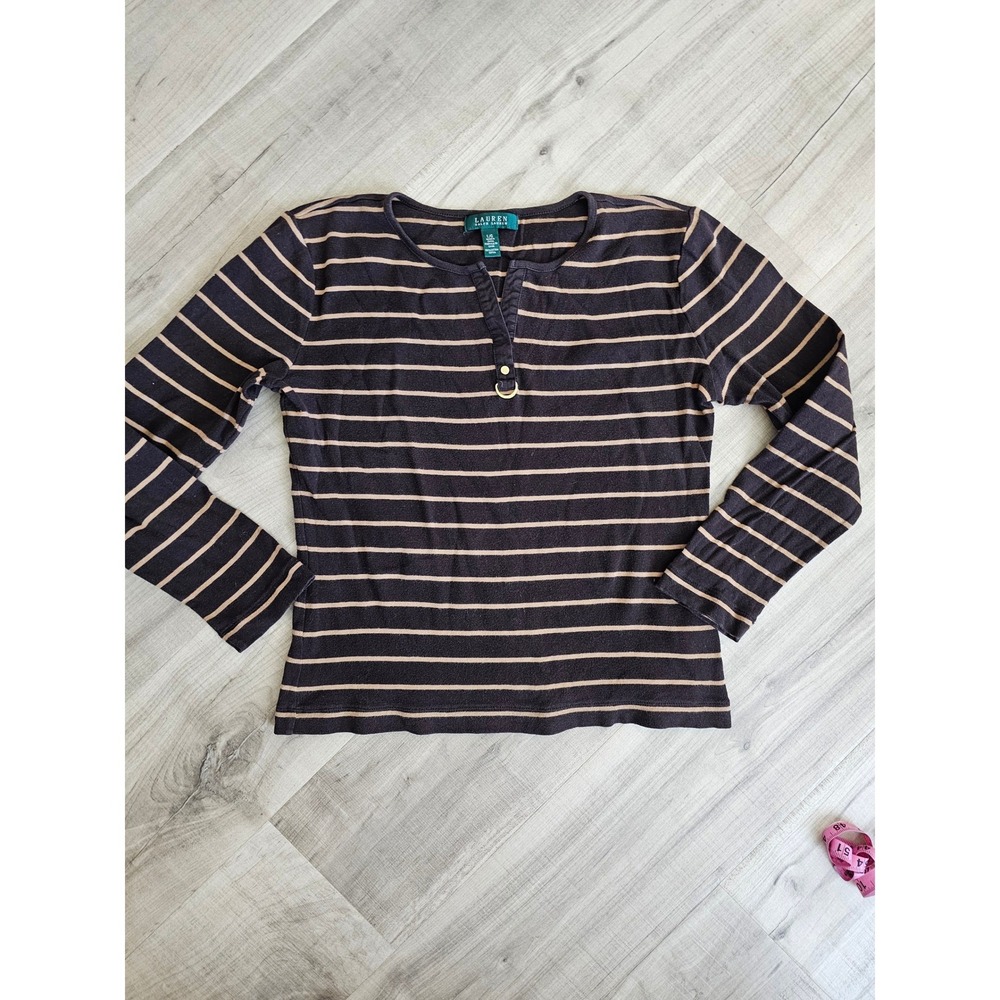 Lauren Ralph Lauren Womens Large Striped Long Sleeve Top Brown and tan